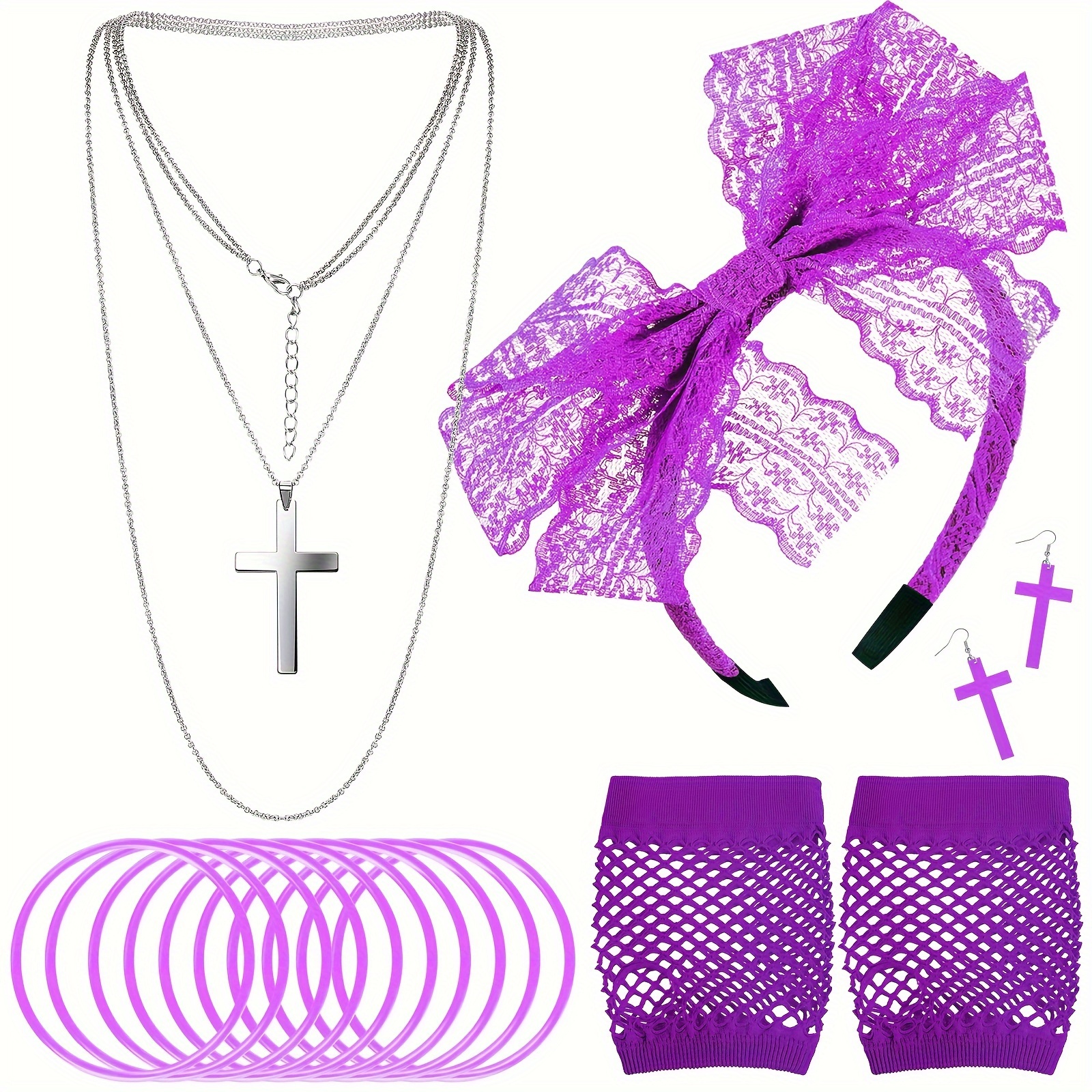 Set Accessori Anni 80 Per Feste In Maschera | Cerchietto Pizzo, Guanti Rete, Orecchini E Bracciali | Blulu