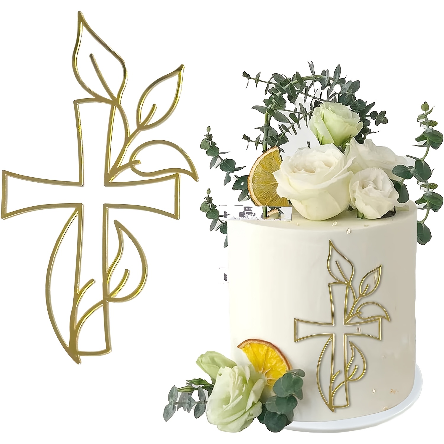 6pcs Cake Decoration Cross Cake Topper Golden Acrylic Cake Decoration, Iridescent For Wedding, Birthday, Christmas, , Cross And Leaves