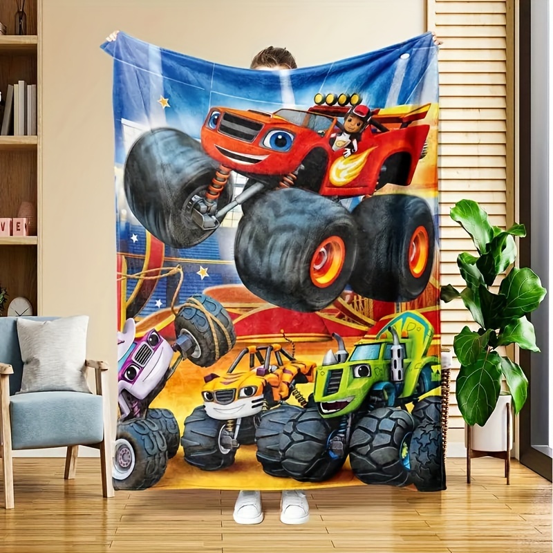 

1pc Cartoon Monster Truck Pattern Blanket Flannel Fleece Blanket Throw Blanket – Anime Theme Contemporary Style Knitted Polyester Cover & Liner, Machine Washable Gift For Boys