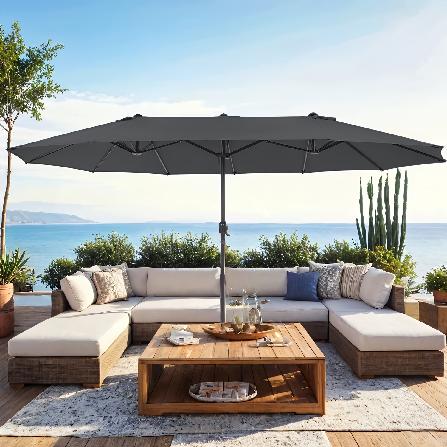 E-shop 460 cm Doppelseitiger Sonnenschirm, Extra Großer Garten- Terrassensonneschutz, -Sonnensegel mit UPF 50+ Schutz, Kurbelantrieb für Markt,