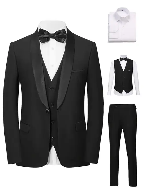 mens 4pcs suit elegant solid color shawl lapel matching vest shirt pant with adjustable waistband classic wedding parties formal events