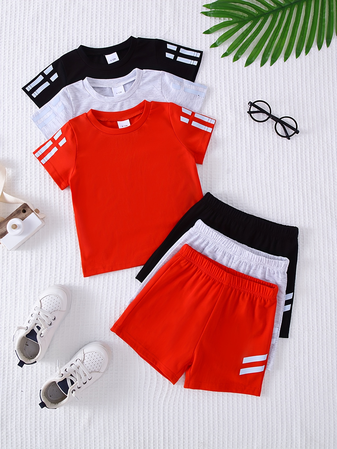 six piece set of boys sporty solid   and comfortable knit fabric short sleeve t shirt and shorts outfit   0