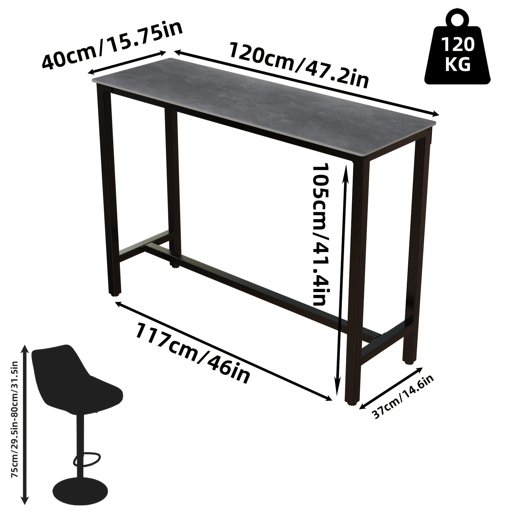 AESOME Counter Height Table Rectangle Sintered Stone Tabletop 47.2in Narrow Long Kitchen Dining Table 41.4in High Top Table Living Room Furniture, Sturdy Metal Frame