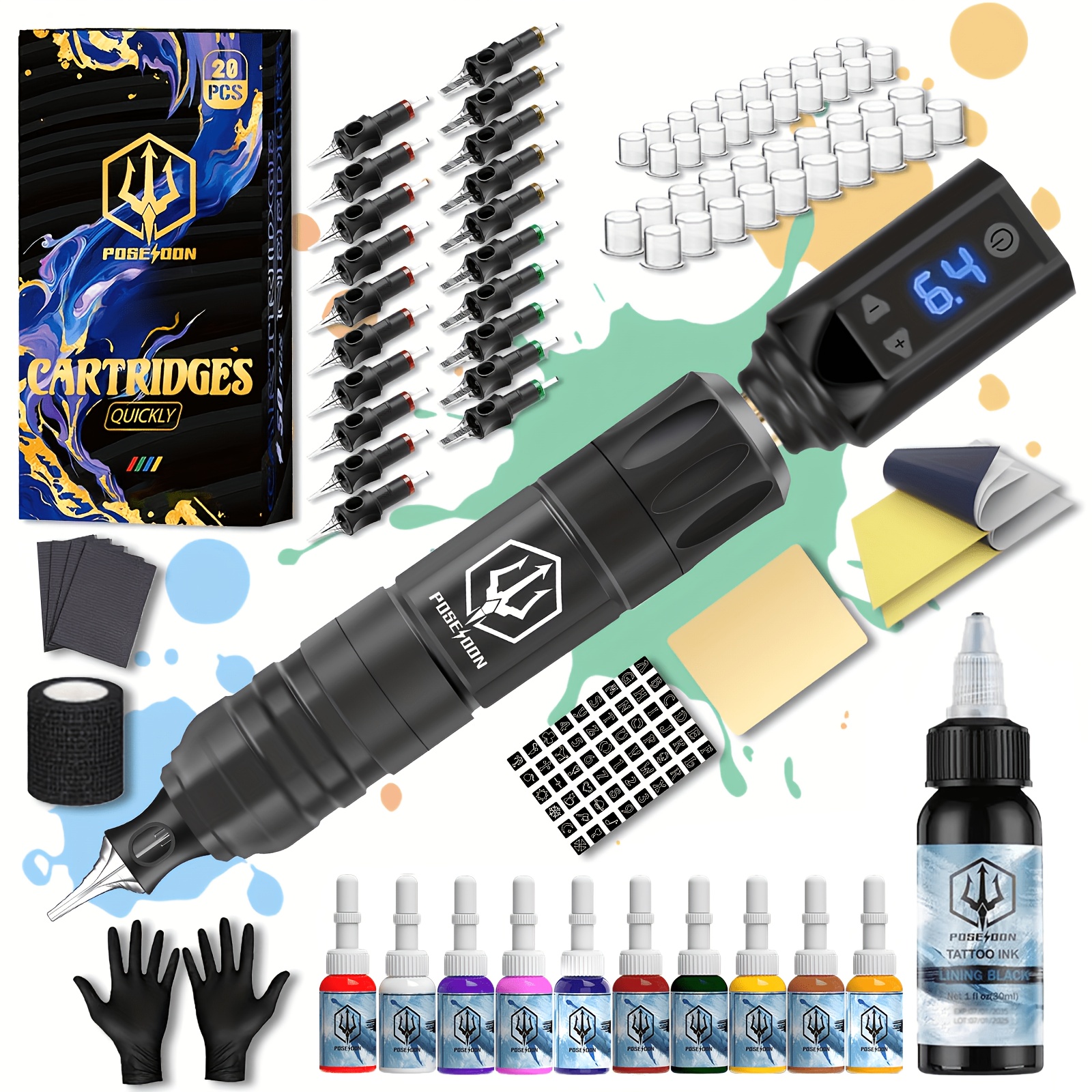 poseidon tattoo pen kit tattoo kit with 20pcs tattoo cartridge machine tattoo pen with 1200mah capacity wireless   kit with   motor   for tattoo equipment supply
