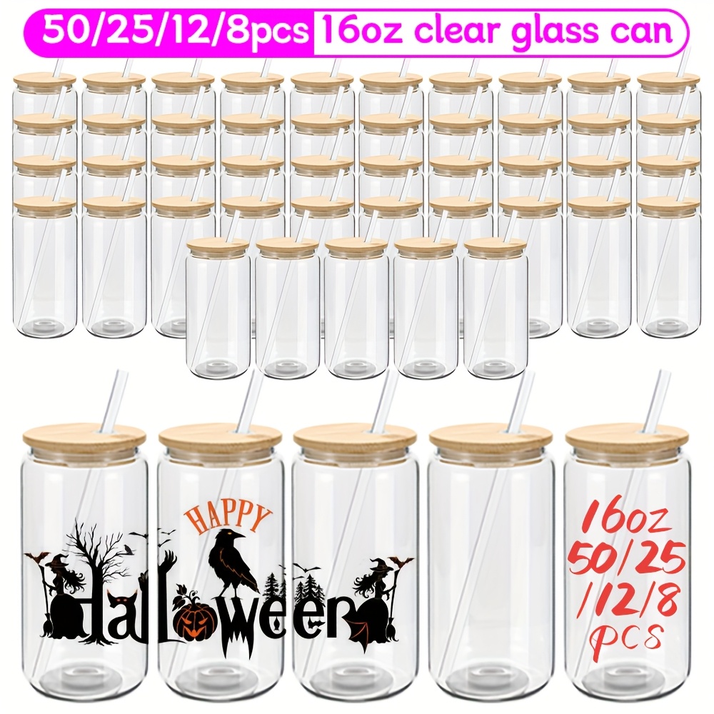 50 25 12 8 pack 16oz clear or frosted sublimation glass cans with bamboo lid transparent glass tumblers with plastic straw sublimation glass cups with bamboo lids with individually   ideal for diy gifts halloween christmas for juicing coffee soda tea Product details 0