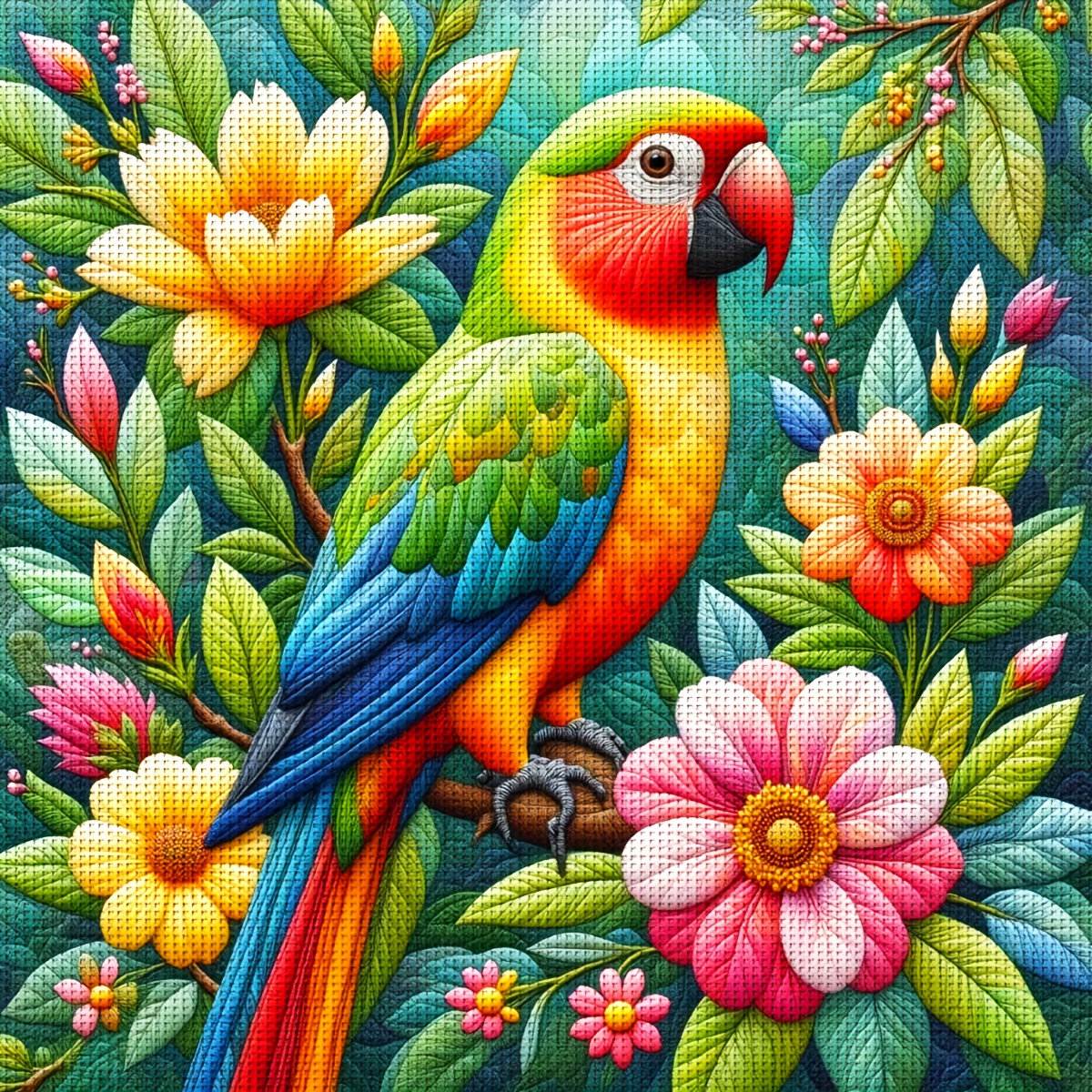 TEMU JOZYSH 1pc, Kit de broderie point de croix 40X40Cm/15.7X15.7In avec perroquets et fleurs, idéal pour décorer les salons et , un ensemble de