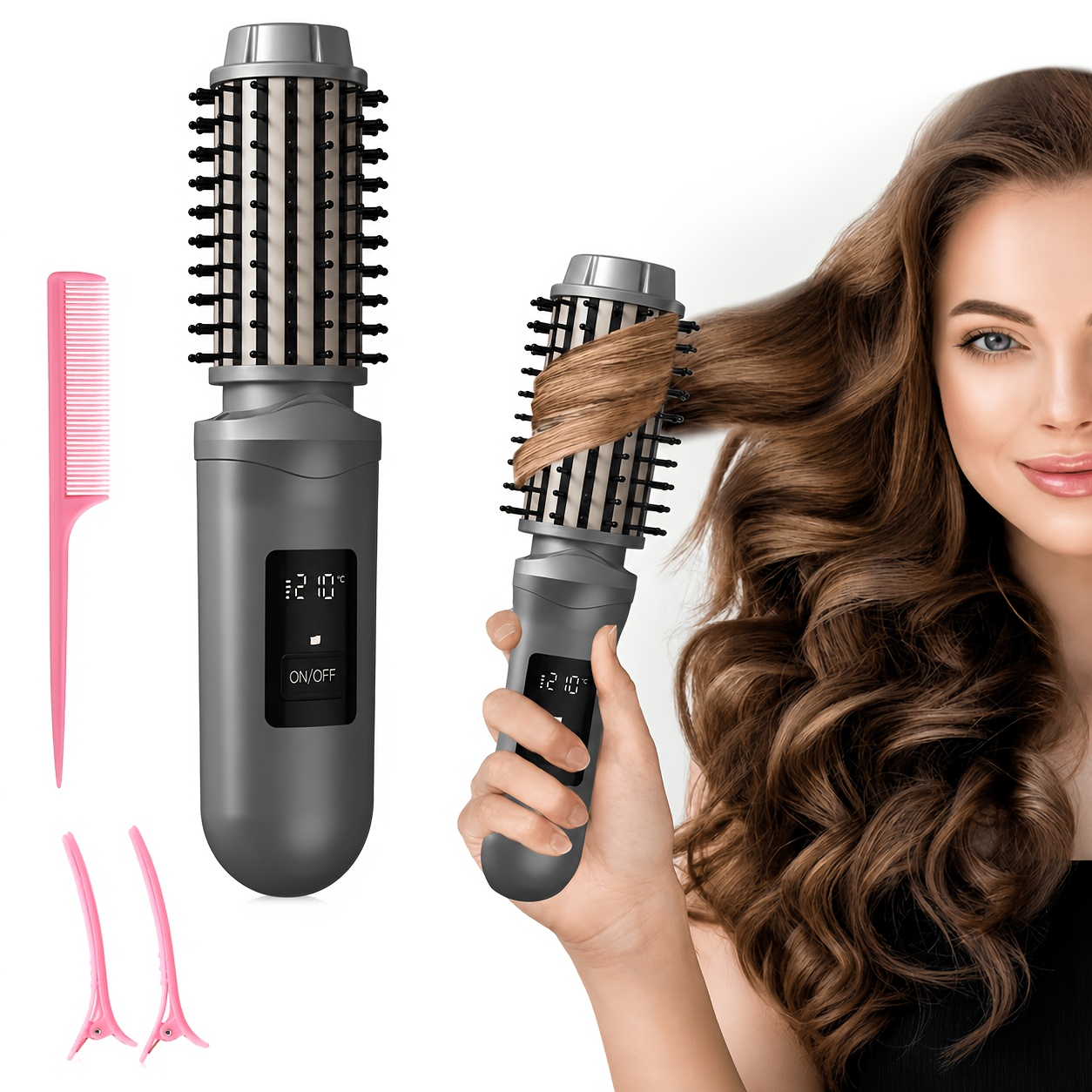 TEMU Cordless Hair Curler And Straightener Brush, Wireless Hair Curler, Wireless Curling Brush For Women, Rechargeable 2-in-1 Styling Tool With Led Display