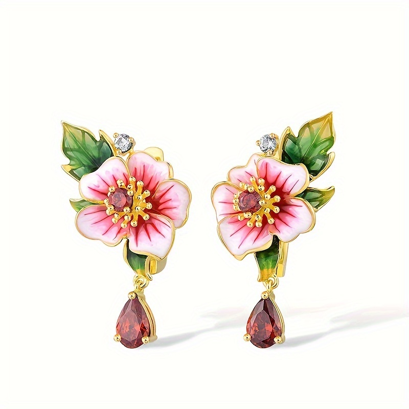 

Droplet Synthetic Gems Pendant Exquisite Enamel Flower Design Dangle Earrings Elegant Cute Style Delicate Female Gift