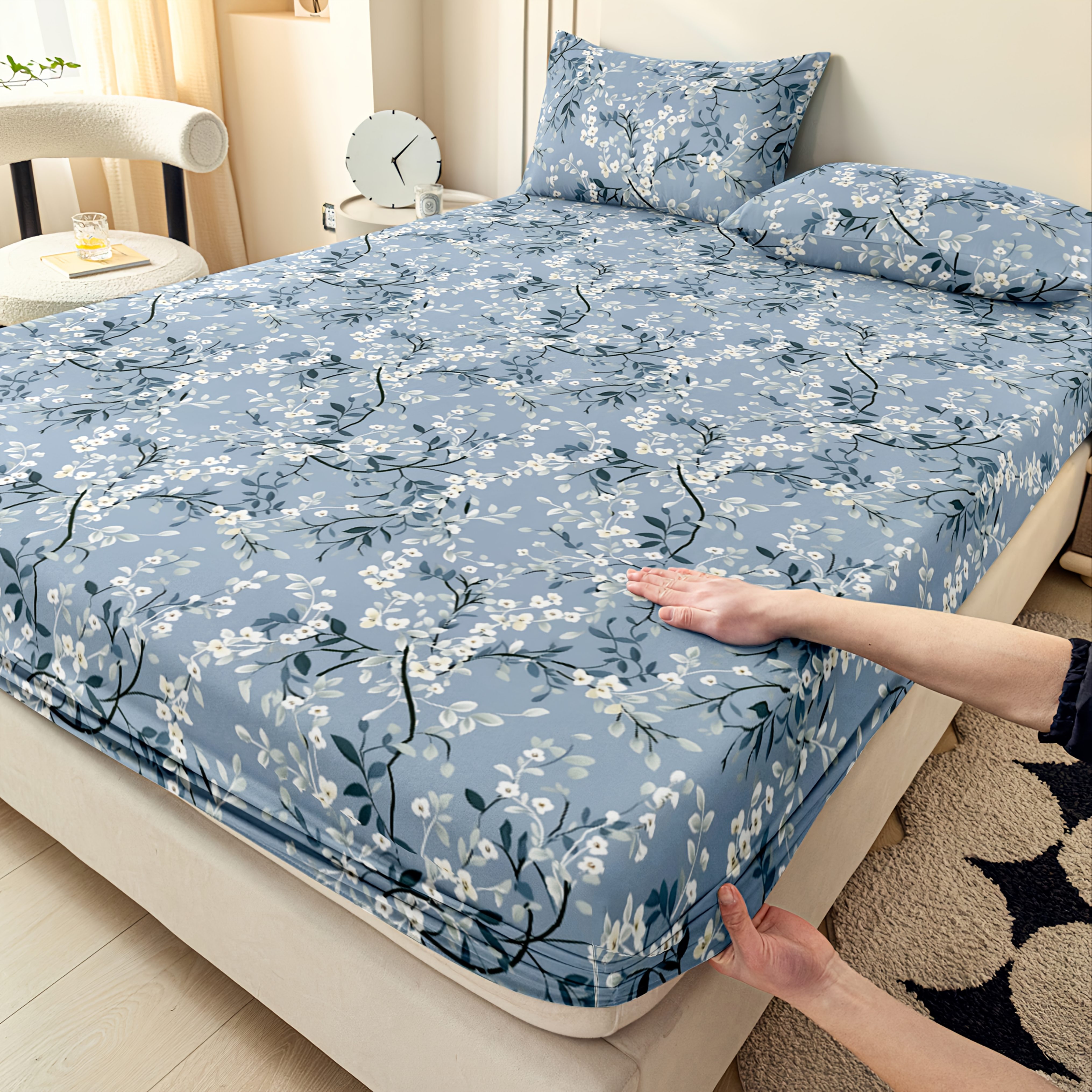 TEMU 3pcs Blue Sheet And Pillowcase Set | 2 Pillowcases + 1 Fitted Sheet | Dormitory Bed, Single Bed, Double Bed, Full Size Bed, King Bed, Queen Bed,