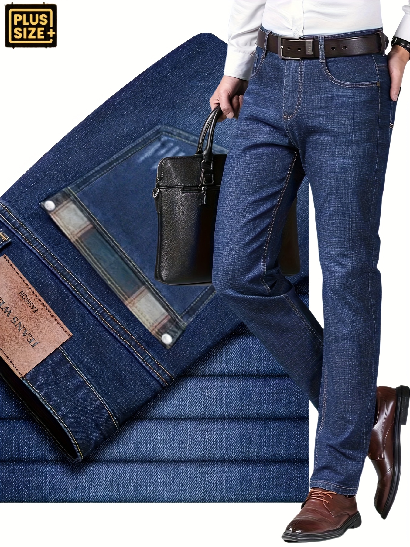 Plus Size Men's Jeans with Random Print Pocket Design, Elastic Straight-Leg Pants, Comfortable Casual Long Trousers for All Seasons, Simple and Versatile Business Style, PLUS SIZE