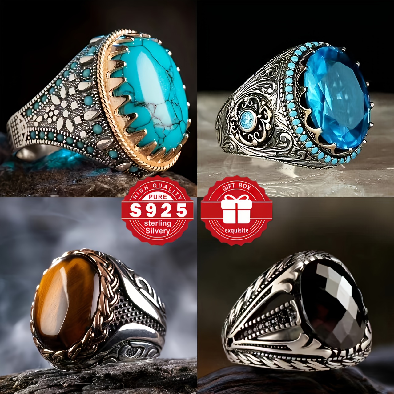 TEMU 925 Silver Men's 4pcs Ring, Men's Business Artificial Ring, Black Carved Chicken Tail Ring, Anniversary Gift, Birthday Party Engagement Gift