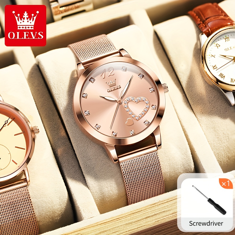 Image of Olevs Women's Watch Golden Rhinestone Female Watch For Women Mesh Strap Luxury Dress Hearts Ladies Quartz Luminous Date Ladies Wrist Watches /red/