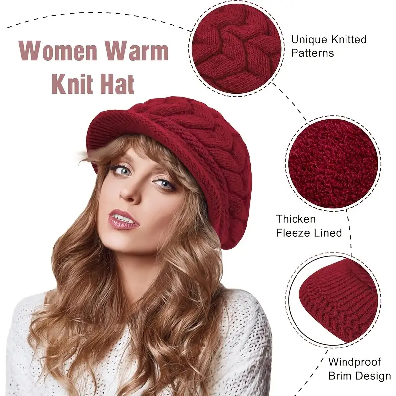 1 warme Wintermütze aus Acrylstrick für Damen mit Krempe, elastisch, atmungsaktiv, leicht, tailliert, Baskenmütze zum Überziehen, nur Handwäsche, einzigartiges Rippenmuster, dick gefüttert, winddicht, Designdetails 1