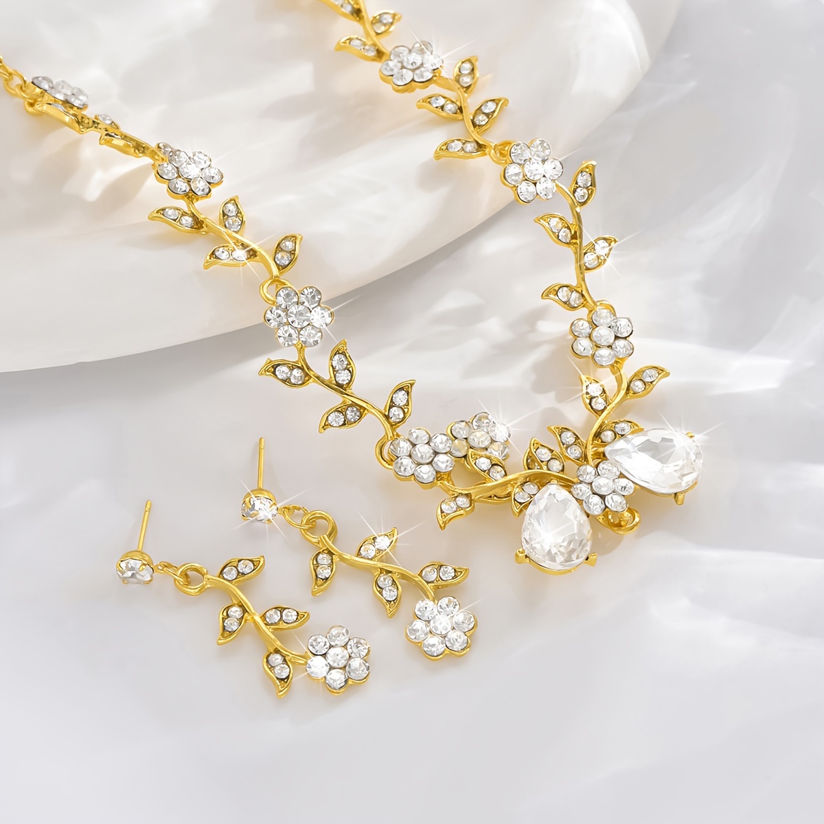 Juego de Collar y Pendientes con Forma de Flor de Estrás para Novias, Conjunto de Joyería Nueva y a la Moda para Mujeres - 3 Piezas