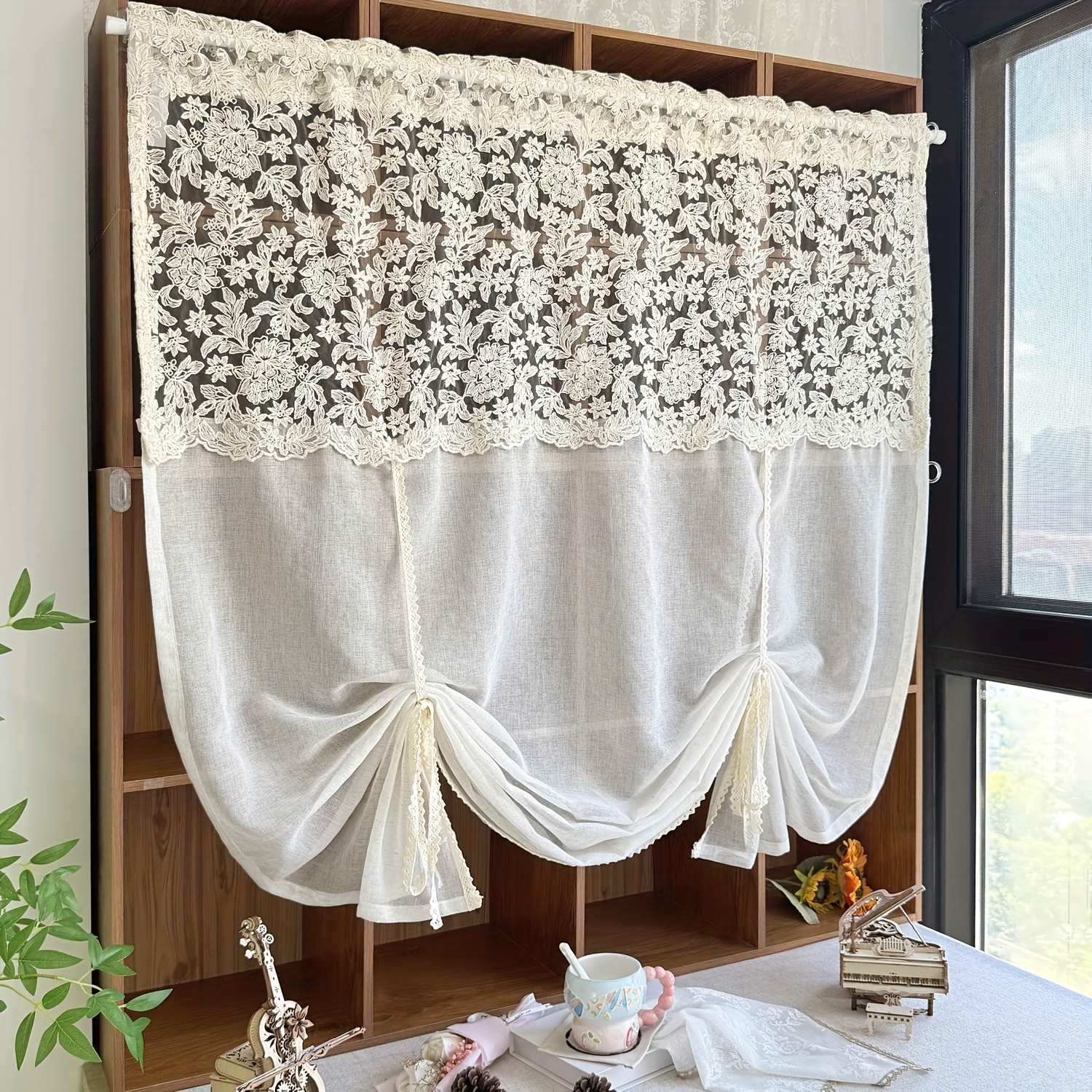1pc, French Embroidery Sheer Curtain, Beige Vintage Translucent Tulle, Suitable For Living Room, Bedroom, Study, Rod Not Included