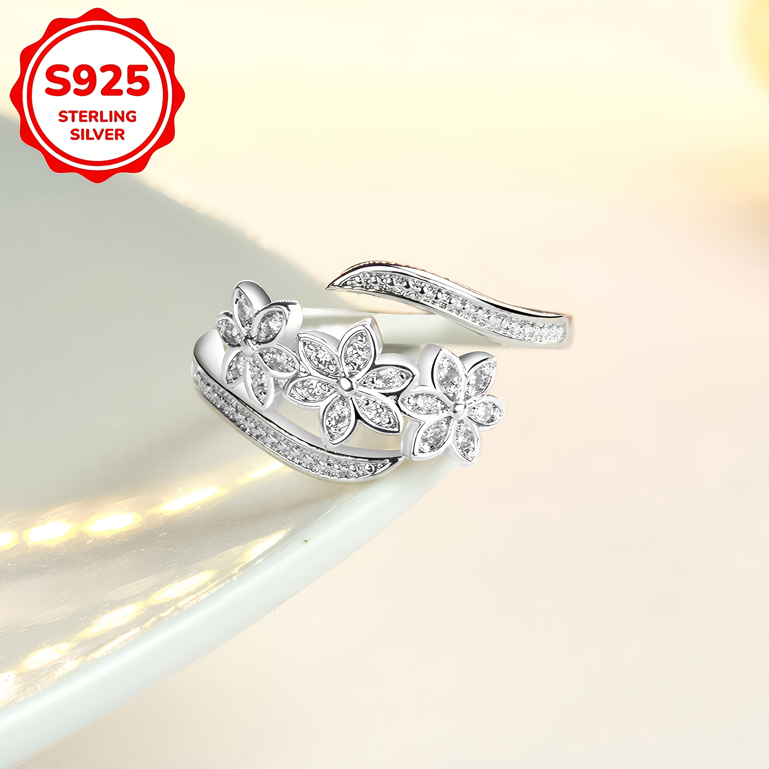 Adjustable 925 Silvery Women's Ring with Zirconia Inlay Flowers