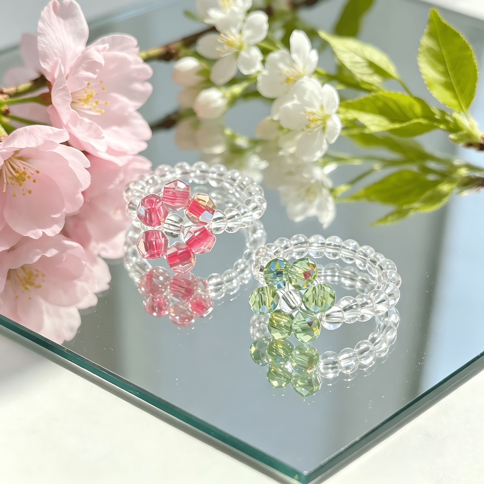 Women's Adjustable Elastic Cord Flower Shape Ring with Crystal