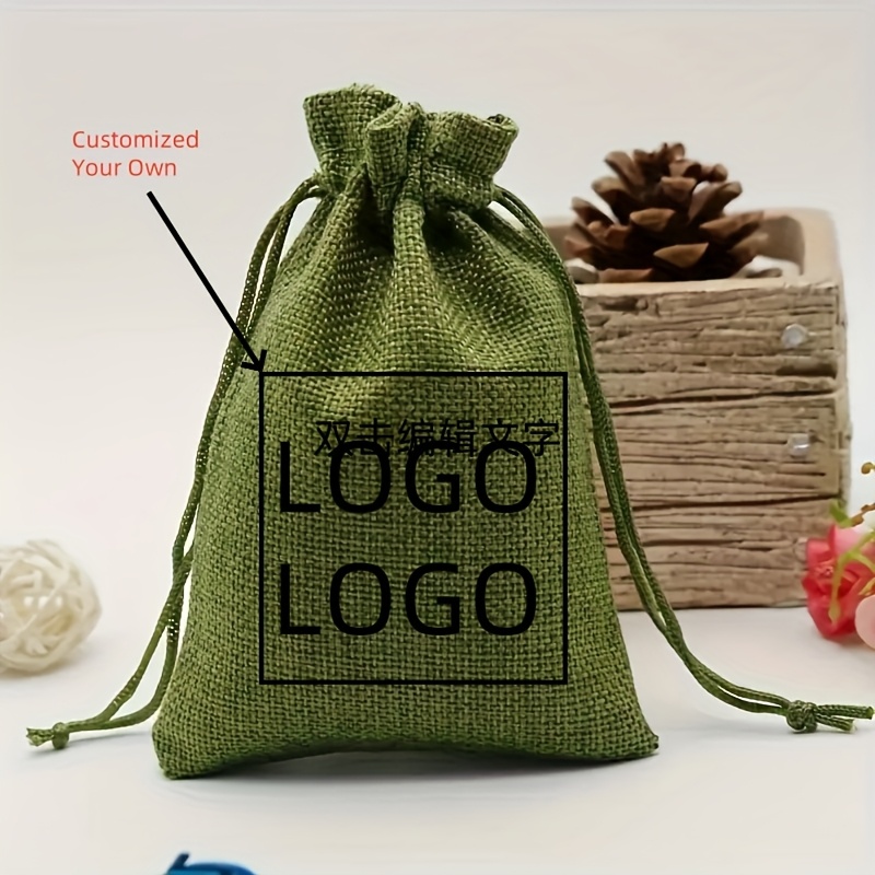 TEMU Custom Logo 25pcs Vintage Army Green Burlap Bags - Wedding Favor Bags, Gift Bags, Jewelry Pouches - Used As Clothing Organizers, Great For