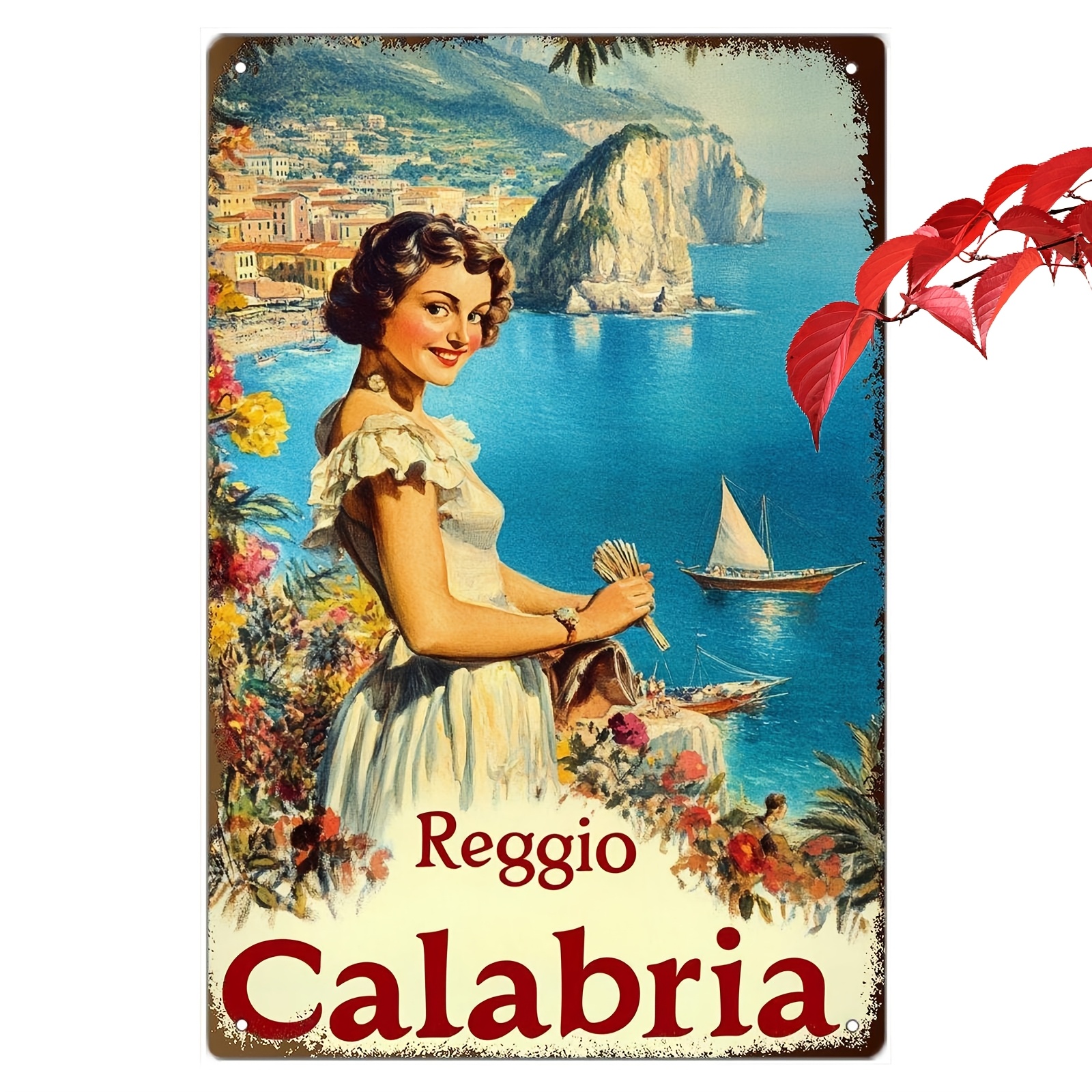 TEMU 2d Flat, Vintage Reggio Wall Art Poster - Retro Italian Travel Decor With Scenic Coastal Illustration, 20.32x30.48cm, 2d Vintage Metal Tin Signs