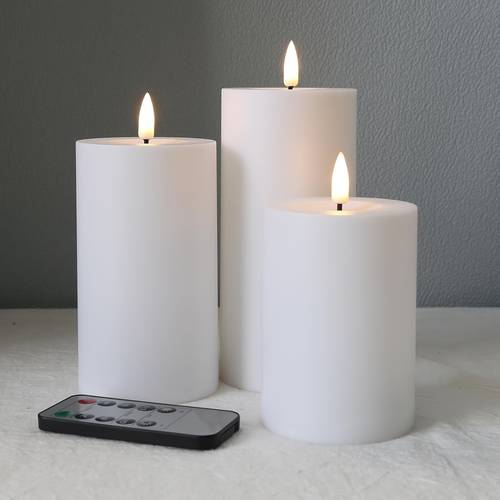3 pack flameless pillar candles with remote timer white led flickering realistic battery operated candles plastic countertop for home decor landscape theme polished toggle switch control no battery included