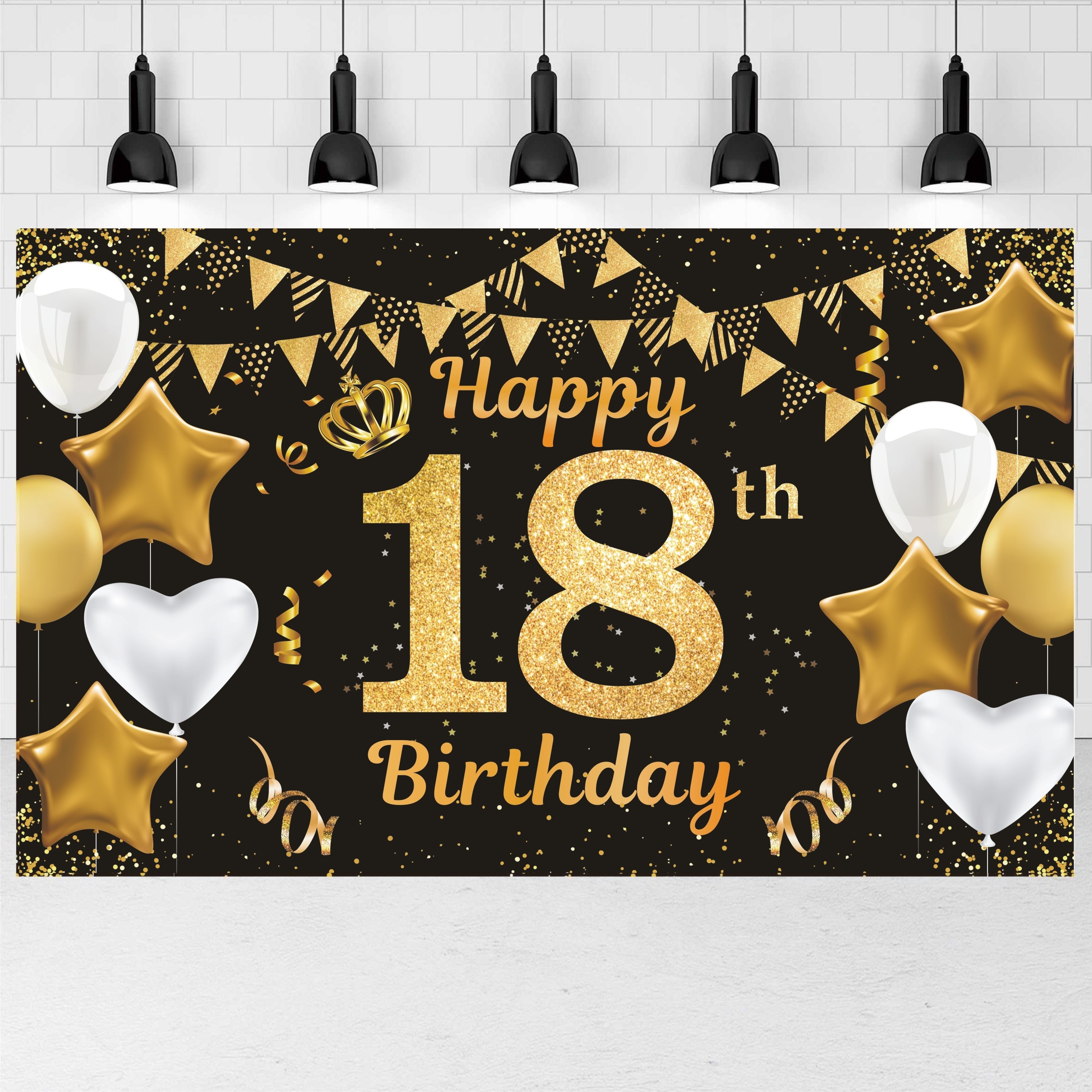 

1pc, Happy Birthday Background Banner, Birthday Party Decoration, Black And Gold Poster Photo Booth Background Banner For Men And Women 18th Birthday Party Supplies