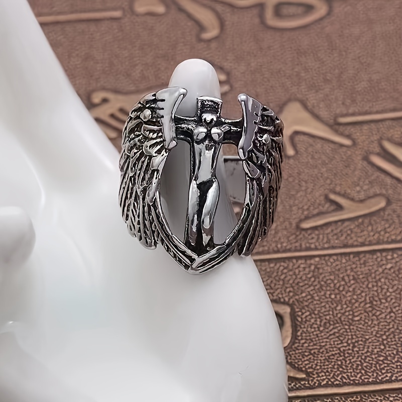 1pc Vintage Guardian Angel Cross Wings Ring