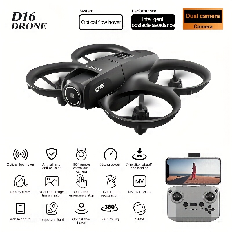 Dron D16 con cámara dual de flujo óptico, estabilización visual, control de altura, acrobacias de 360°, evitación de obstáculos, despegue y aterrizaje con un botón, regalo perfecto para diversión familiar - Imagen 6