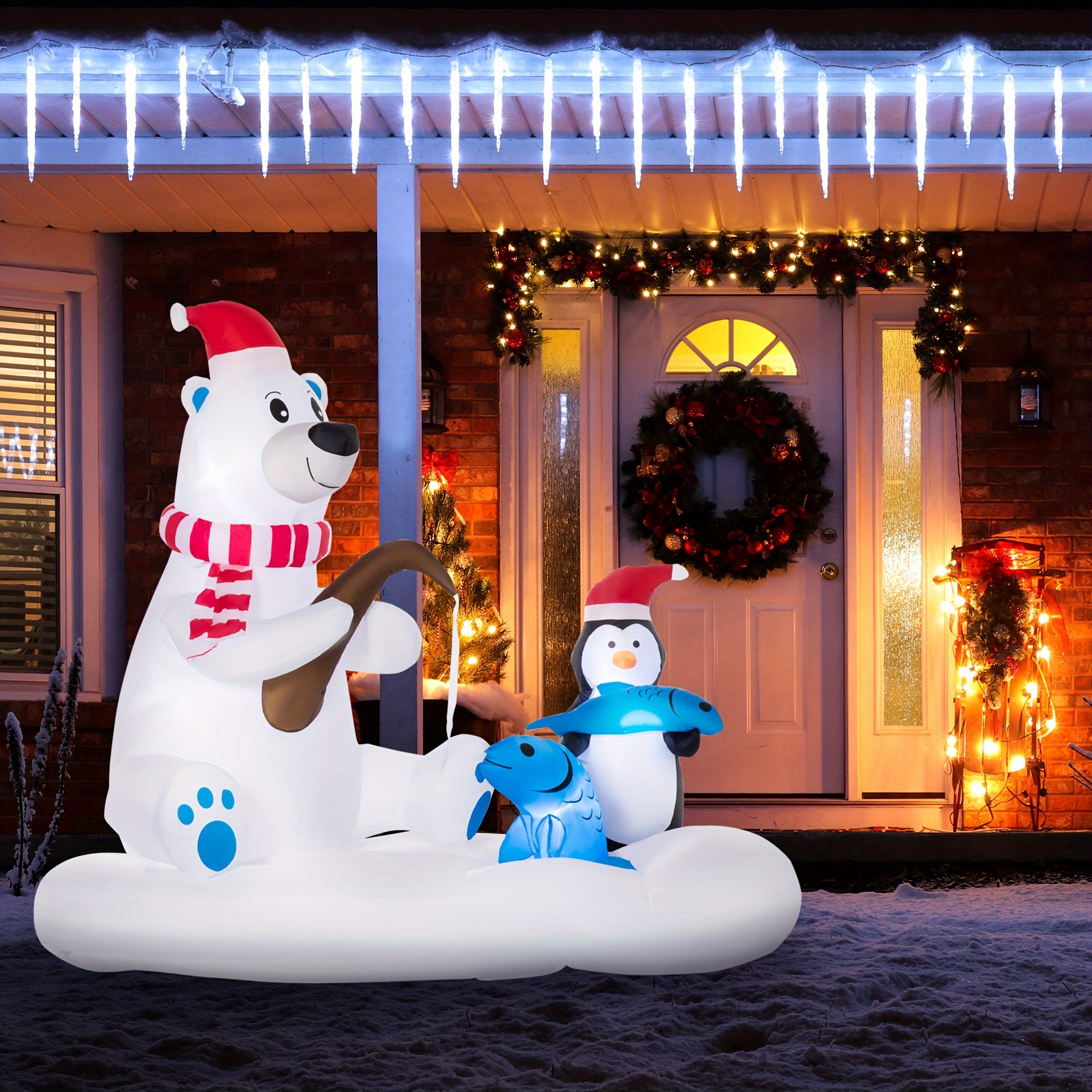 TEMU Homcom 6ft Inflatable Christmas Polar Bear Wearing A Santa Hat With His Penguin Fishing Companion On Board, Outdoor Led Yard Display For Lawn