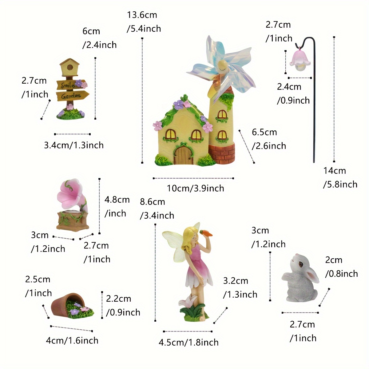7つの樹脂製花の妖精ウサギ風車の家庭用庭園装飾 庭の妖精の家の別荘 