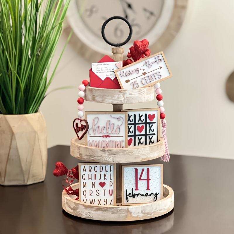 

1pc Valentine's Day Wooden Tiered Tray Decor With 3d Signs - Freestanding Envelope, Hello Valentine, I , 14 Decorations - Heart Theme Holiday Display Without Electricity