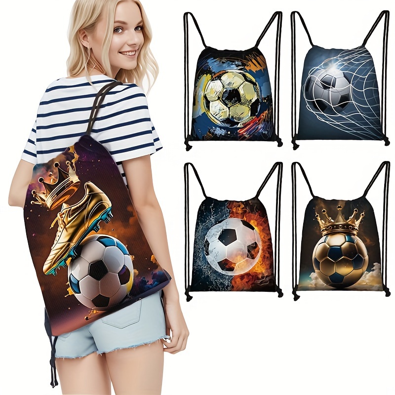 

Soccer Ball & Print Drawstring Backpack - Lightweight, Polyester Gym Bag With Shoe Compartment For