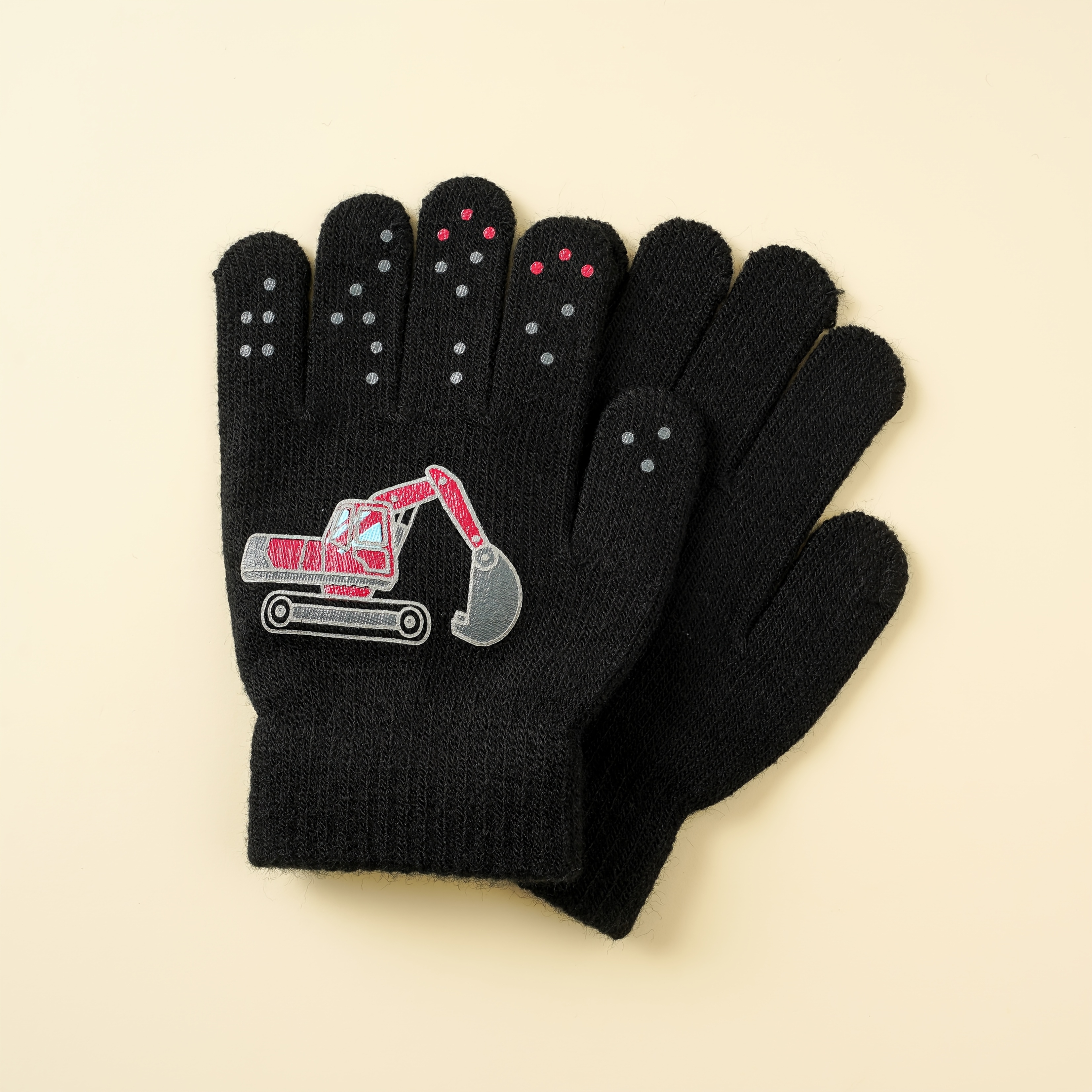 Image of 1 Pair Winter Warm Outdoor Sports Fleece Thickened Gloves Cartoon Construction Vehicle Pattern Knit Gloves
