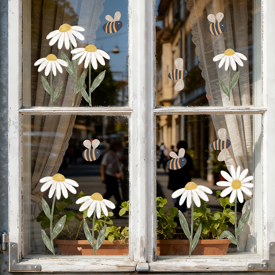 Image of 1set/3pcs Minimalist Hand Drawn Daisy Static Clings Window Sticker, Double-sided , Reusable No Residue Decals For Cafe Shop Window Bedroom Living Room Home Decoration