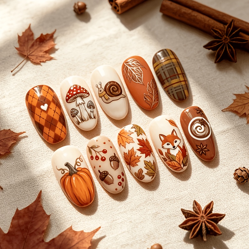 TEMU 10pcs Ongles à peints à pour , motif rétro à carreaux de renard, , escargot, citrouille, feuille d'érable, , ambiance d'automne, faux ongles en