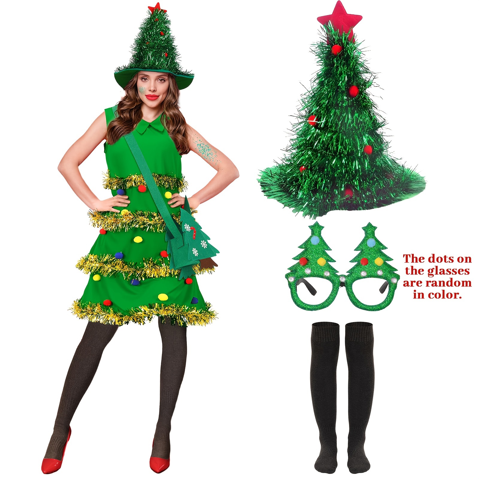 TEMU 3pcs Christmas Tree Accessory Set For Women - & Spandex Outfit With Sequins, Hat, Frame, Socks - For (skirt Not Included)