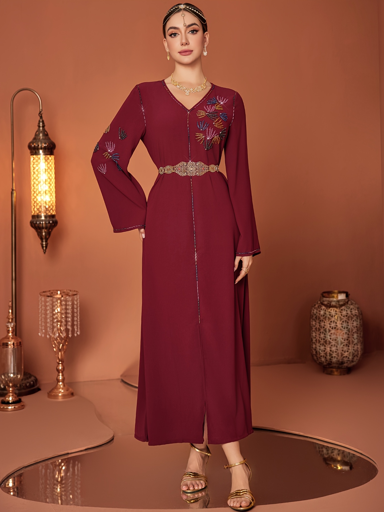 slim fit dress slacks Long Sleeves One Shoulder Gold Appliques Burgundy Prom Dresses main image 1