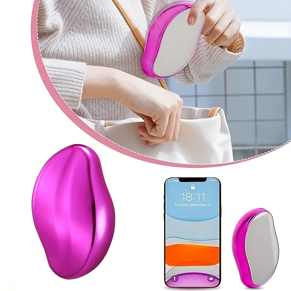 1pc Painless Hair Removal for Women - Waterproof Manual Crystal Glass Epilator, Reusable & Washable, Oval-Shaped with Ergonomic Handle in White, Pink, & Black - Ideal for Smooth Body Skin