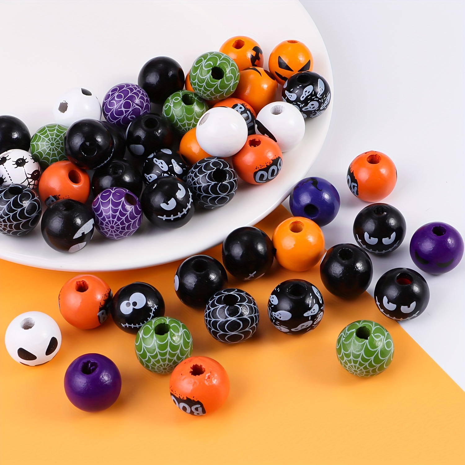 

50pcs Halloween Themed Wooden Beads - Assorted Patterns For Diy Jewelry Making, Crafts & Party Decorations