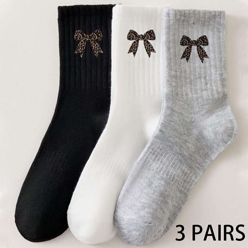 E-shop 3 Paar Damen Mid-Calf Socken, Leopardenmuster Schleifen Design, Einfache Vielseitige Einfarbige Trendige Mode All-Match Sportsocken - Leichter ,