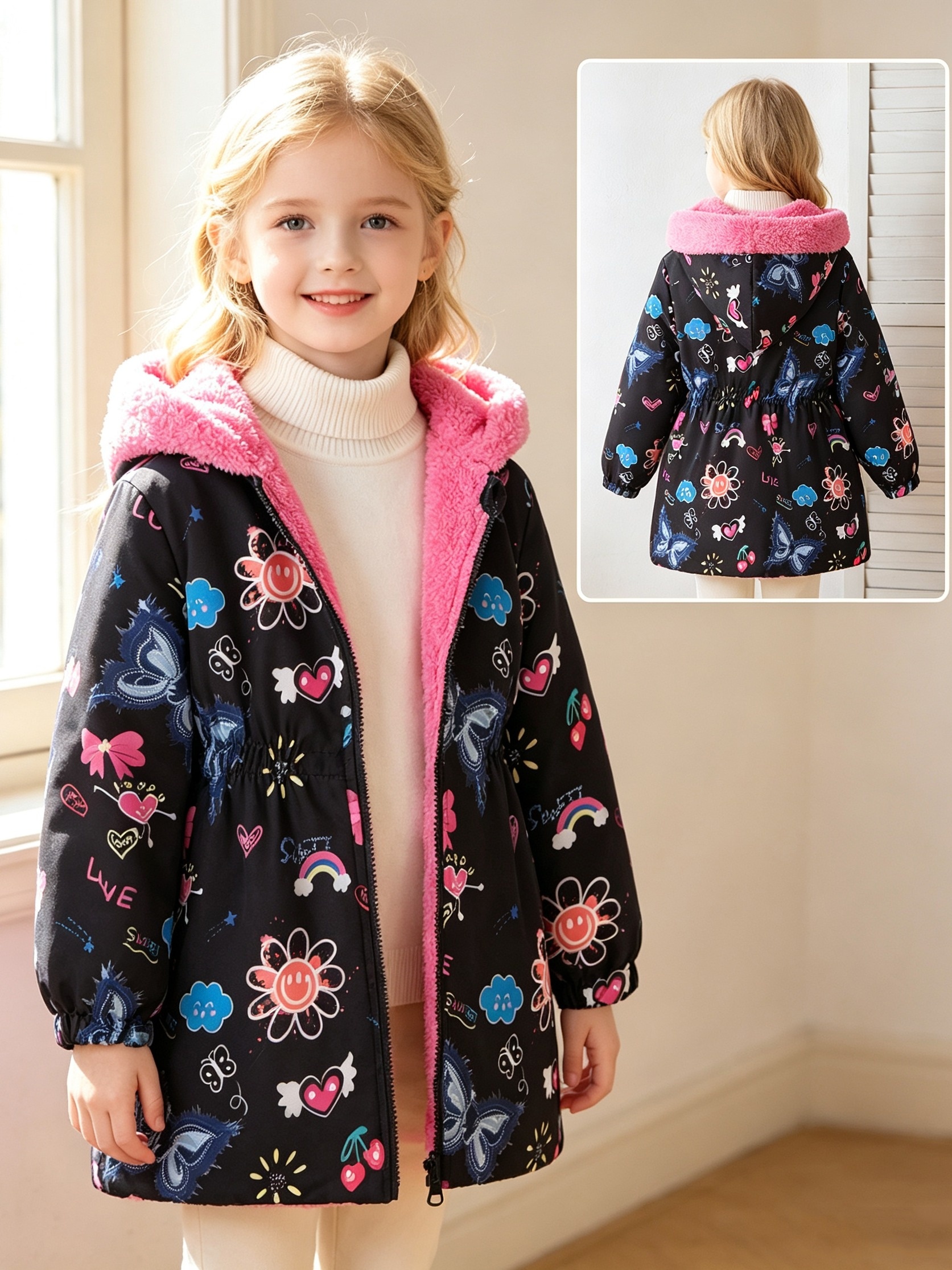 Girls' Windproof Casual Coat with Printed Hat Collar, Warm Outerwear