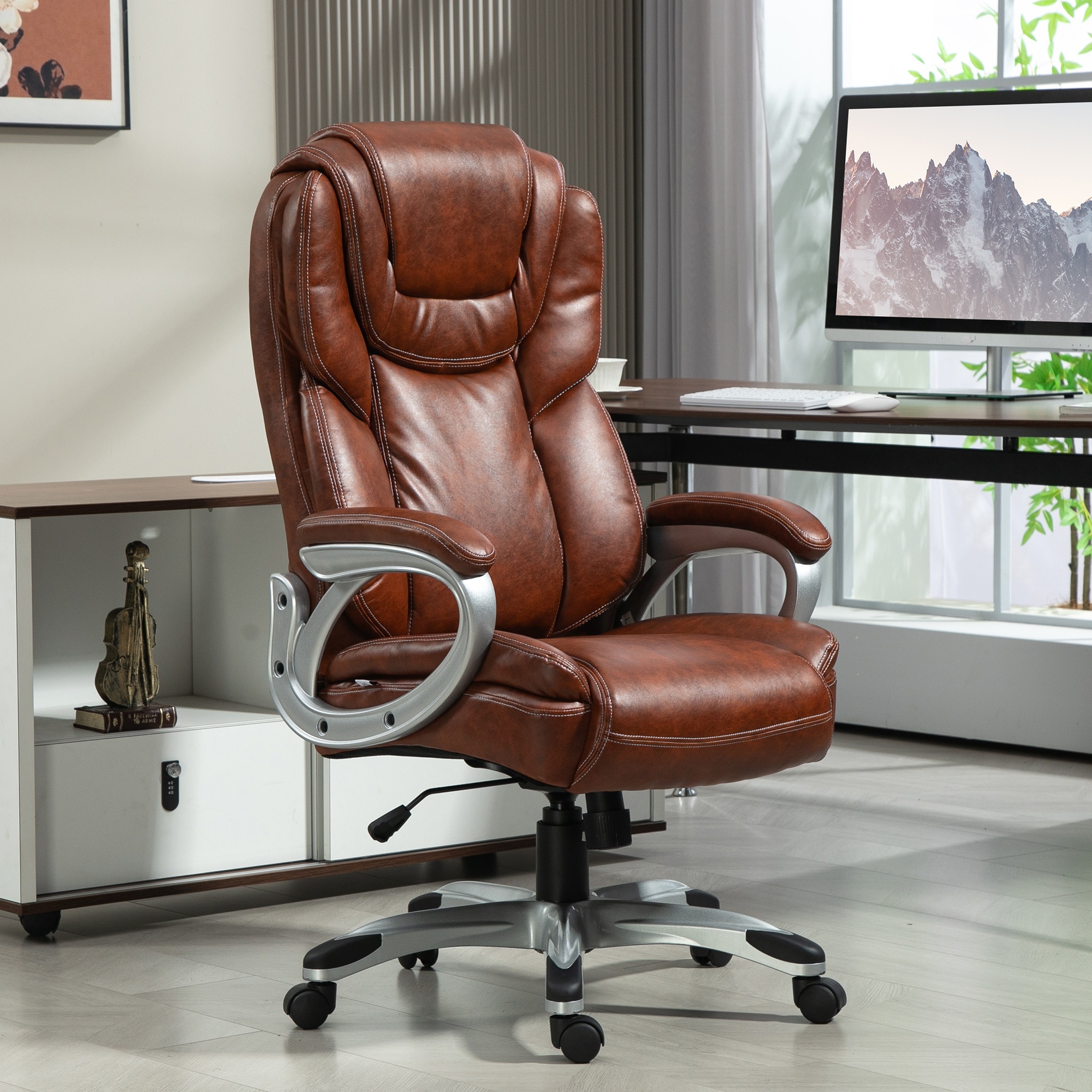 

1pc Homcom Executive Office Chair, High Back Pu Leather Desk Chair With Adjustable Tilt, Padded Armrests, Swivel Base, Lumbar Support, Cushion Included, Nylon Frame - Brown