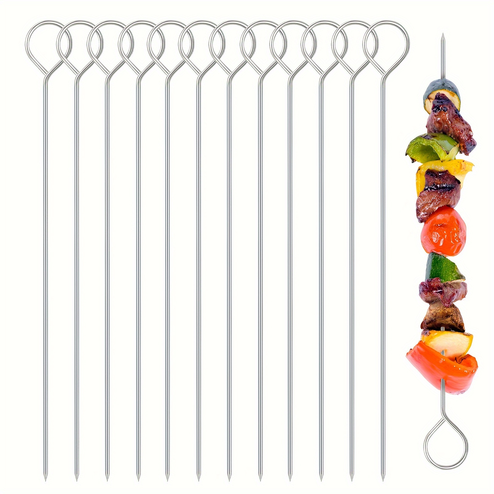 

12-pack 20cm Stainless Steel Bbq Skewers - Long Wooden Handle For Easy Grilling - Perfect For Picnics, And Camping