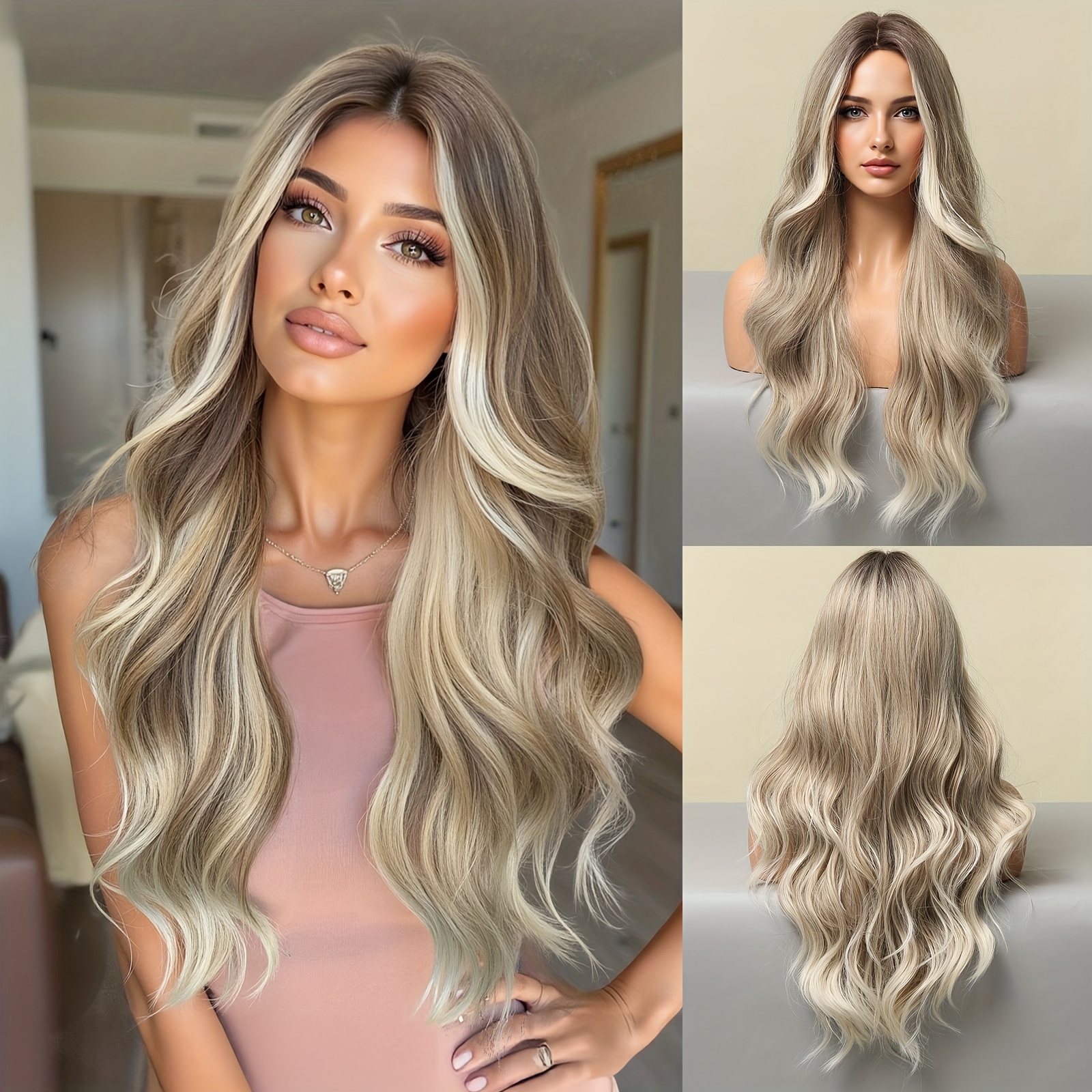 E-shop 26 Zoll Goldbraune Mischfarben-Mittelteil-Perücke, Damen Tägliche Lockenperücke, Synthetische Perücke, Pflegeleicht, Ideal für Partys, Feste,
