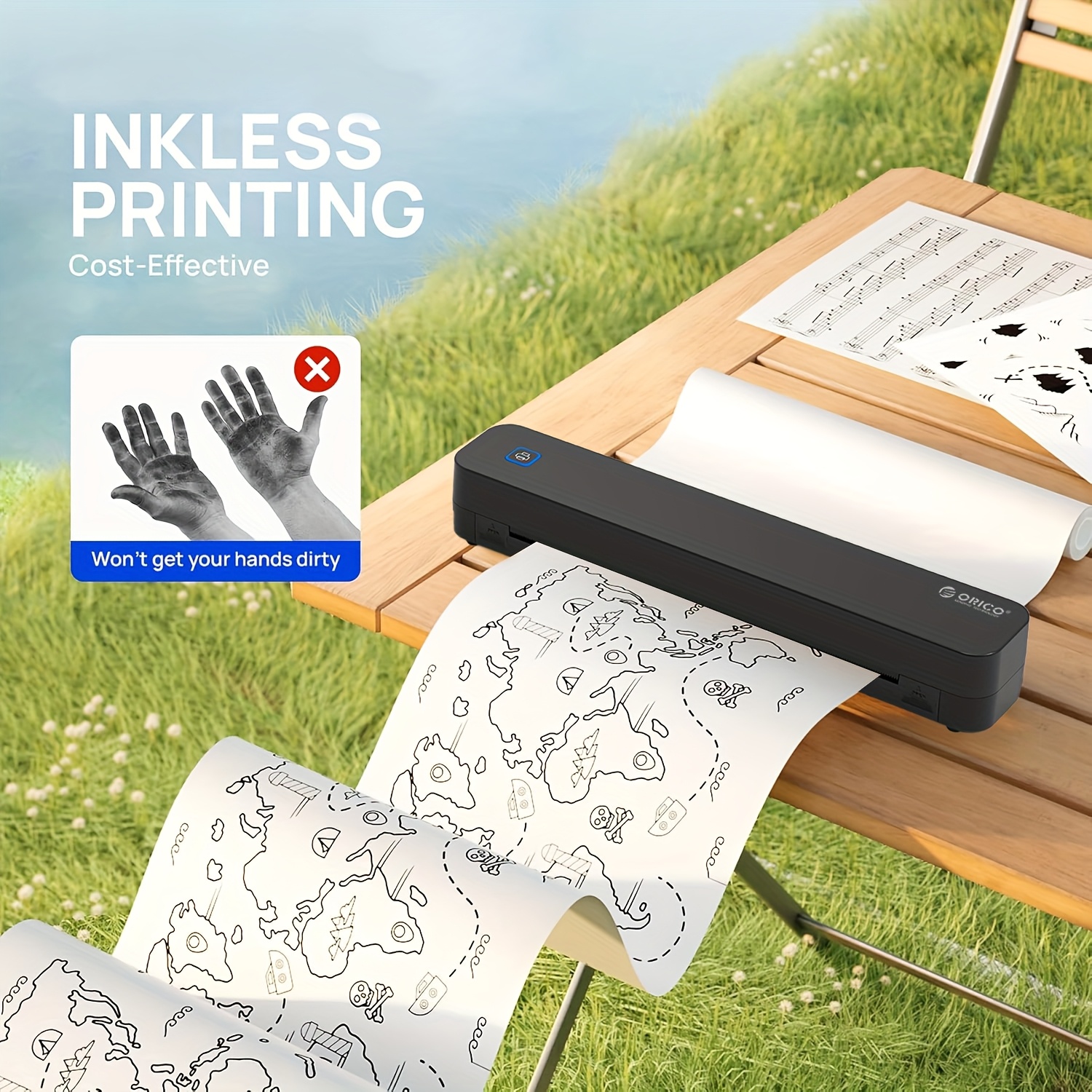 ORICO Mini Portable A4 Thermal Printer, Wireless Printing, No Ink Required, Compatible with Android and iOS Systems, Supports Up to 216mm Wide Thermal Paper, Suitable for Office, Home, School Use, Convenient for Outdoor Carrying