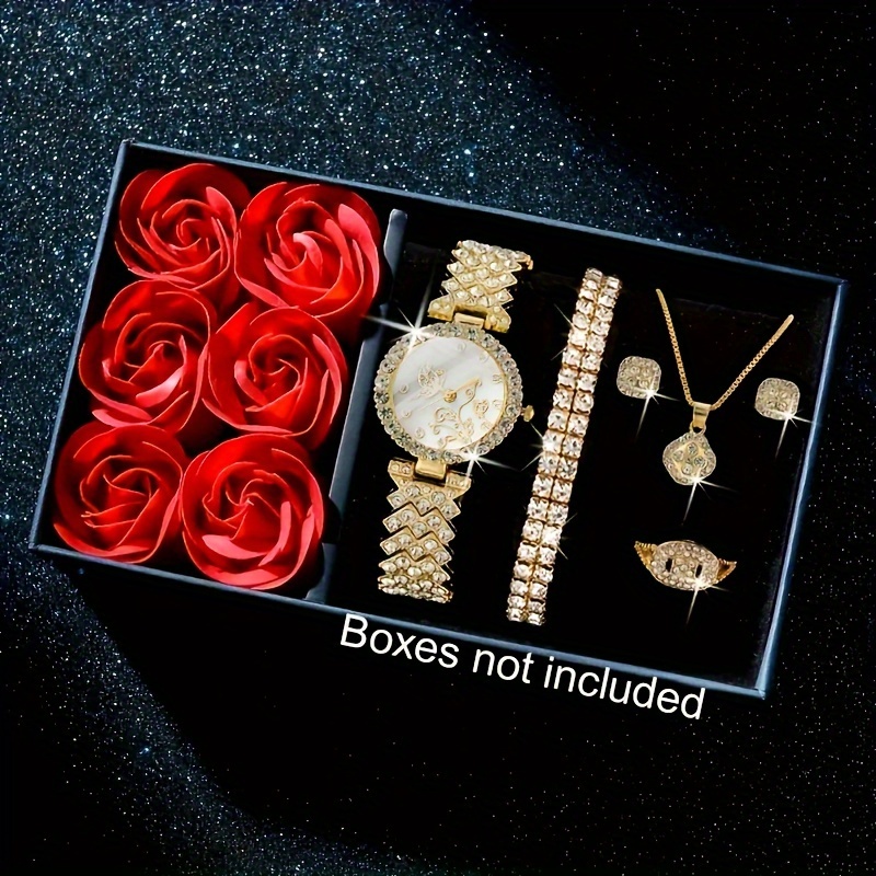 

6pcs Ensemble de montres à quartz de luxe en strass, montre-bracelet analogique dorée à la mode et ensemble de bijoux, cadeaux pour les femmes, cadeaux pour la fête de l'Aïd