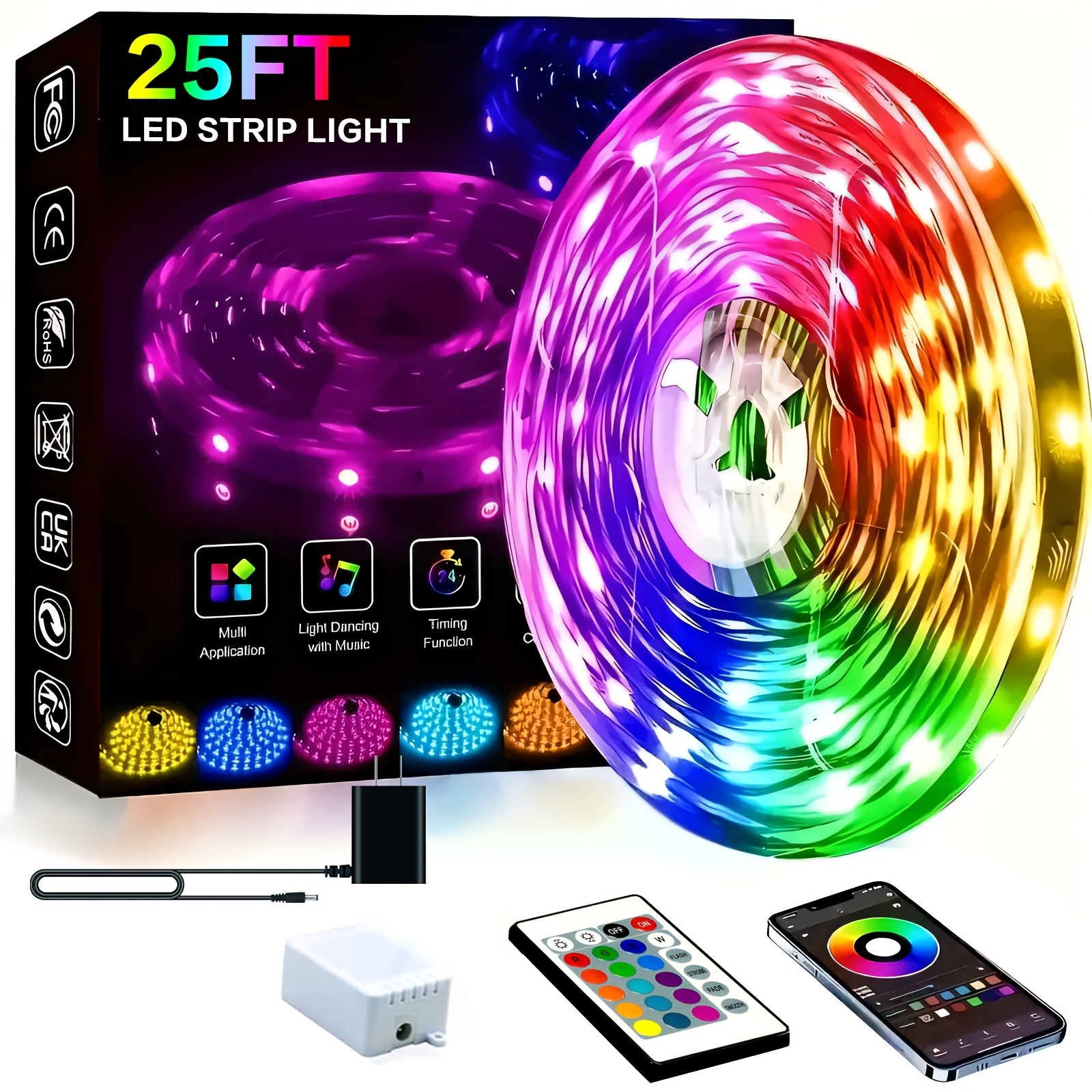 TEMU 260-25ft Extra-long Smart Led Strip Light, Rgb Colors, App And Remote Control Support, Timer And Dimming, Music-sync Color Changing, Diy