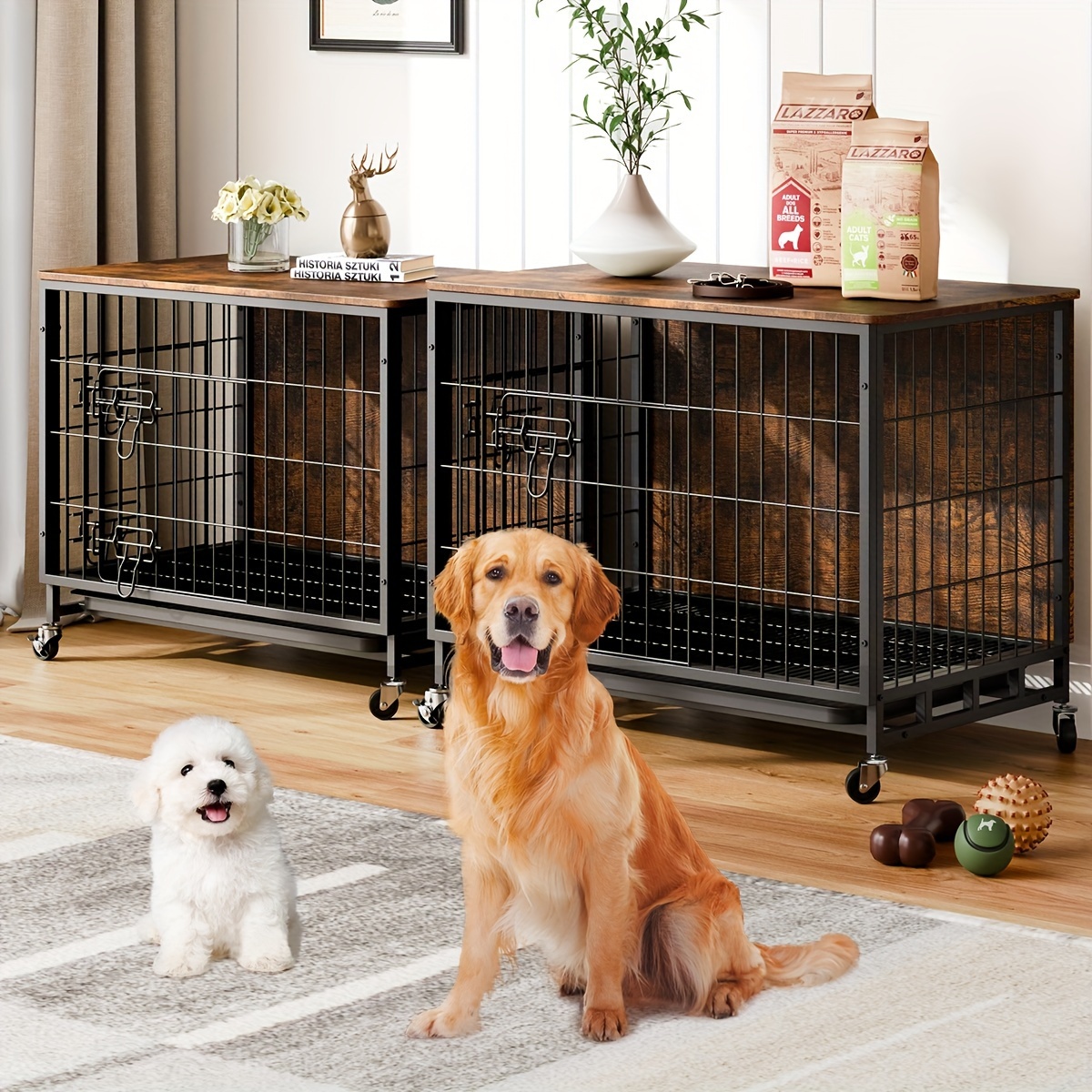 Dextrus 71" Large Double Dog Crate Kennel Furniture With 4 Dog Bowl, Sliding Doors For 2 Medium Dogs, Heavy Duty Wood TV Stand Dog Cage Table - Rustic