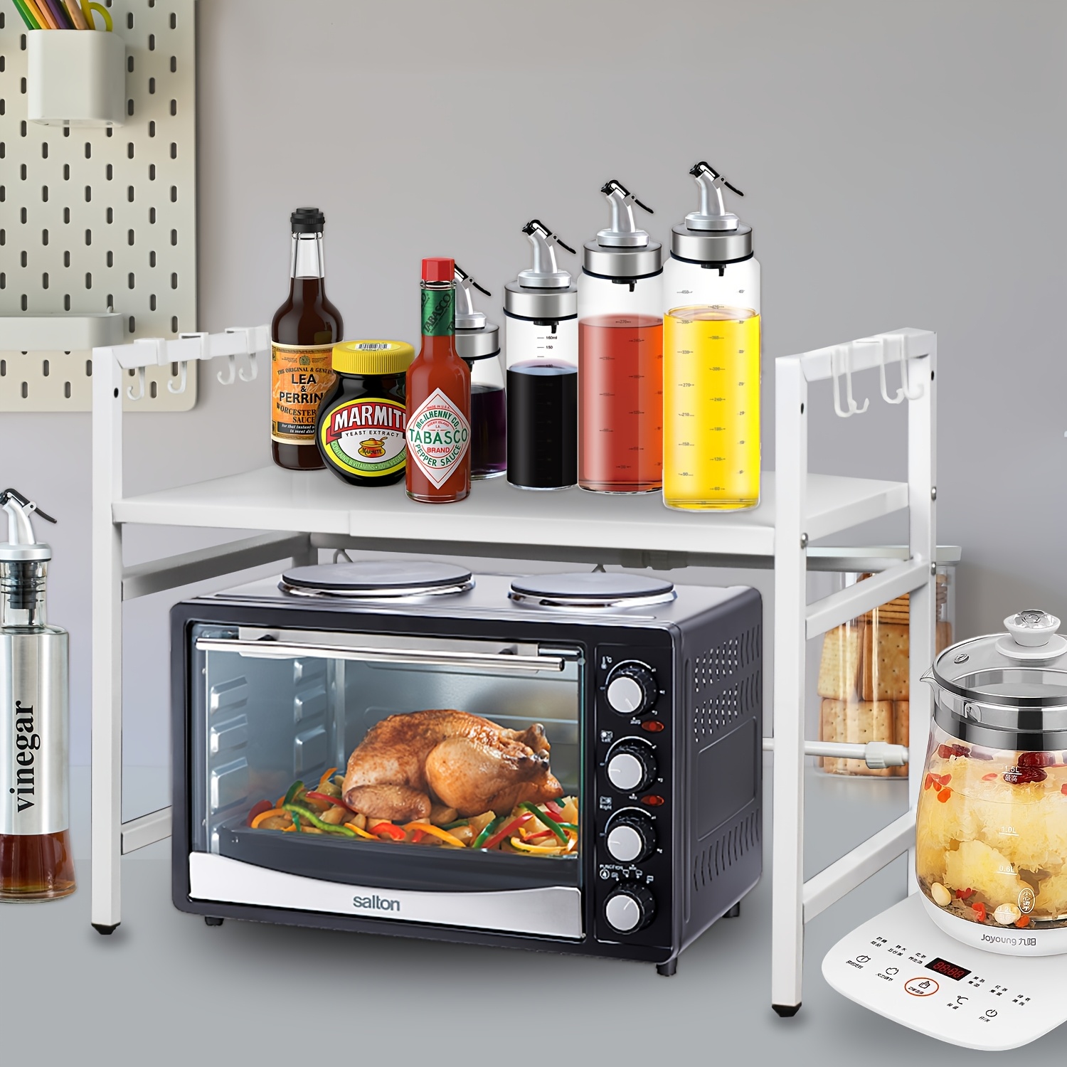 TEMU Étagère de cuisine avec 6 crochets, support de micro-ondes pour plafond , étagère à gâteaux, étagère à pain, étagère à épices, organisateur de