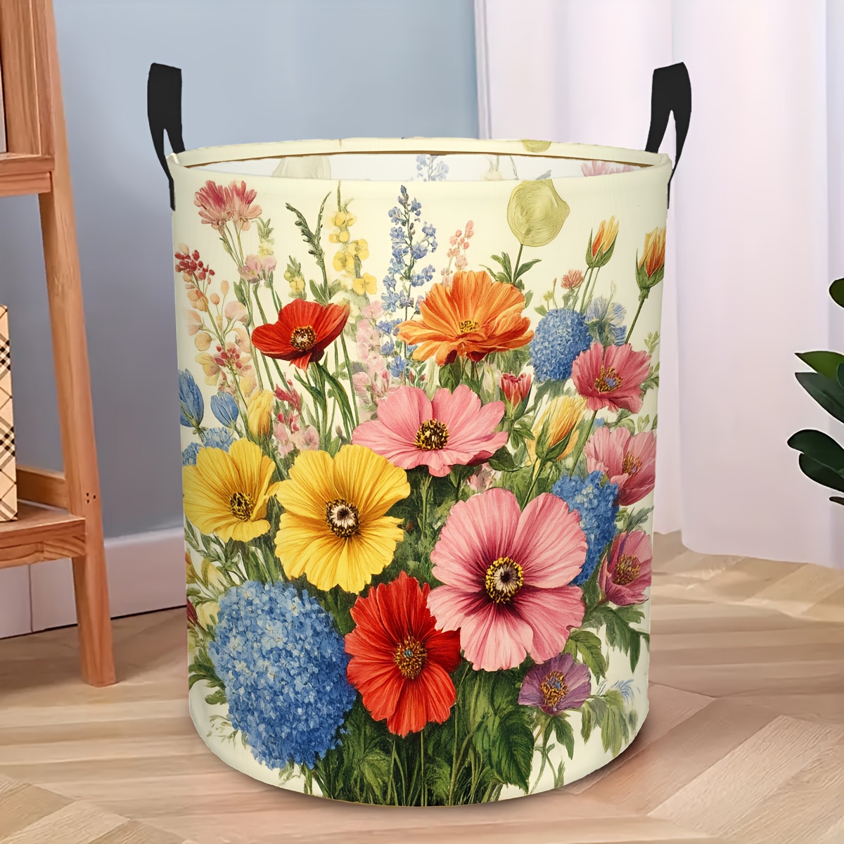 TEMU 1 Floral Vintage Pattern Foldable Laundry Basket, Round Clothes And Sundries Storage Basket, Compact Room Organizer, Suitable For Bathroom And