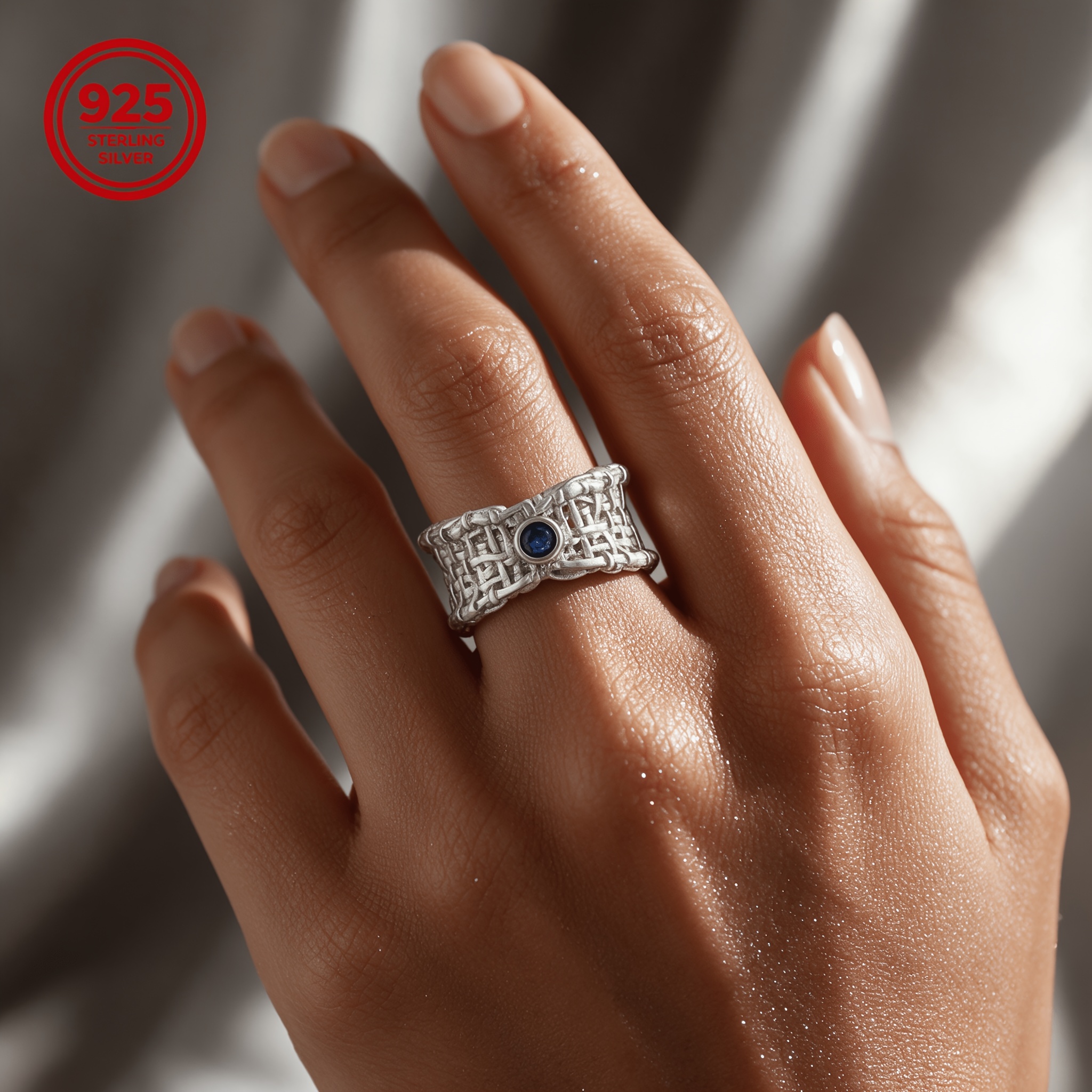 925 Silver Adjustable Woven Net Geometric Band Ring, Gift for Couples